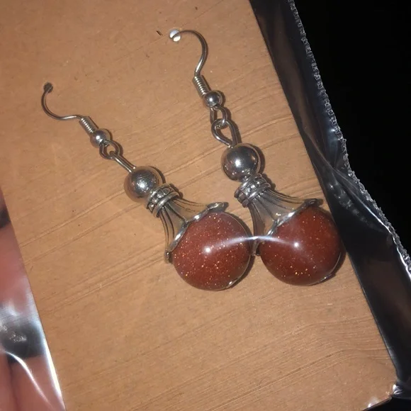 Goldstone Pendant Fishhook Earrings - Picture 7 of 7